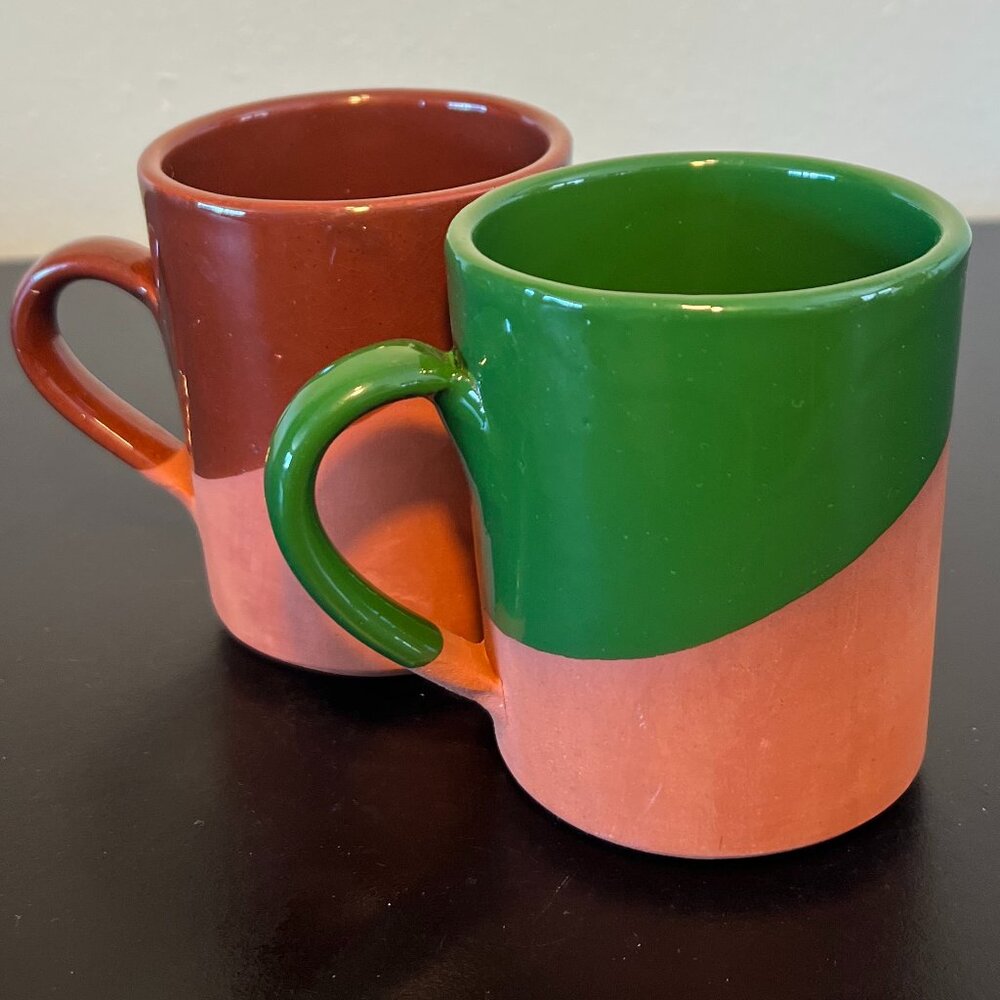 Set of 2 Handcrafted Terra Cotta Pottery Coffee Mugs Asymmetrical Dipped Glaze - Picture 4 of 13